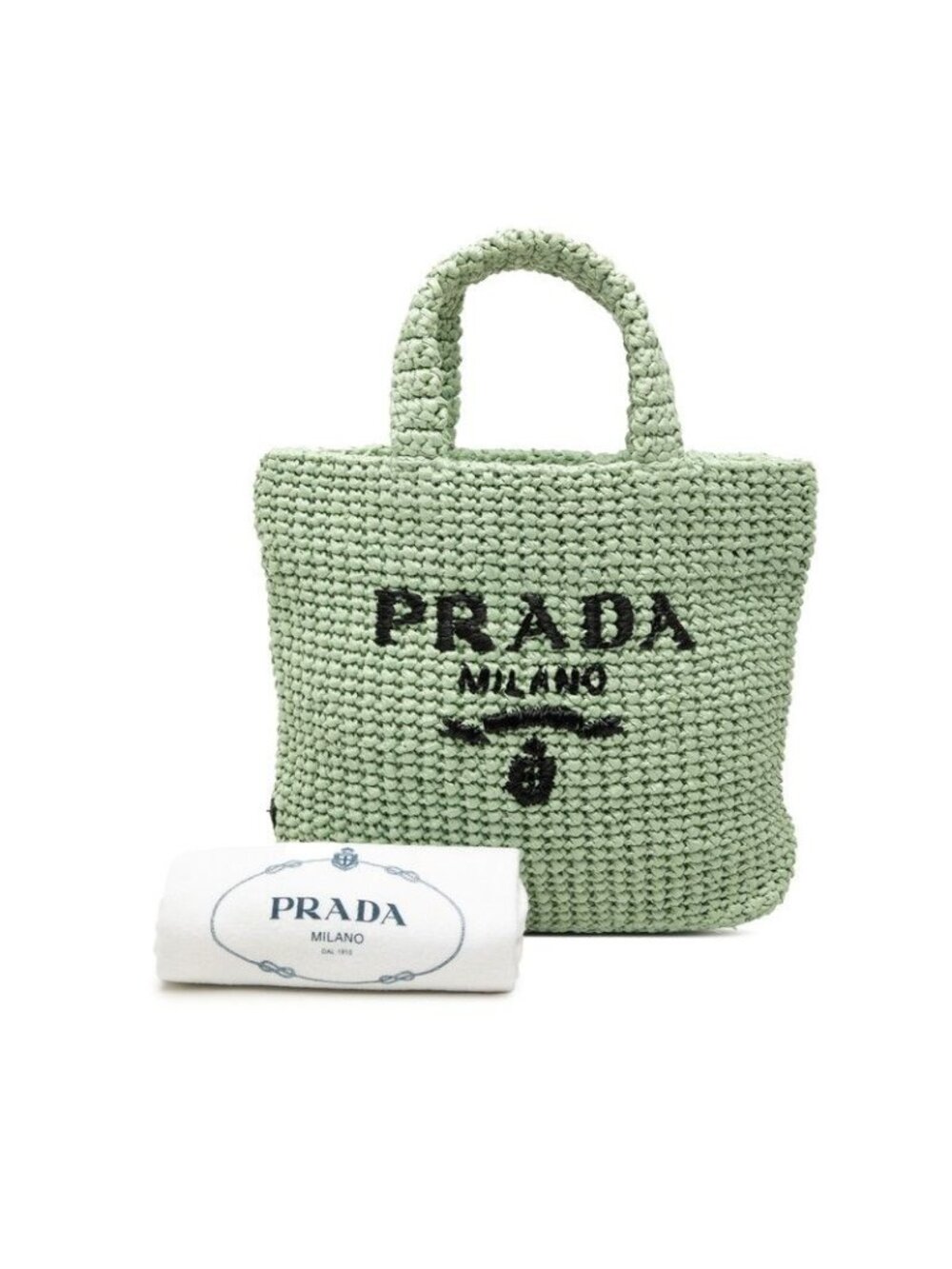 Prada Triangle Logo Small Crochet Tote Green Raffia - Picture 6 of 6